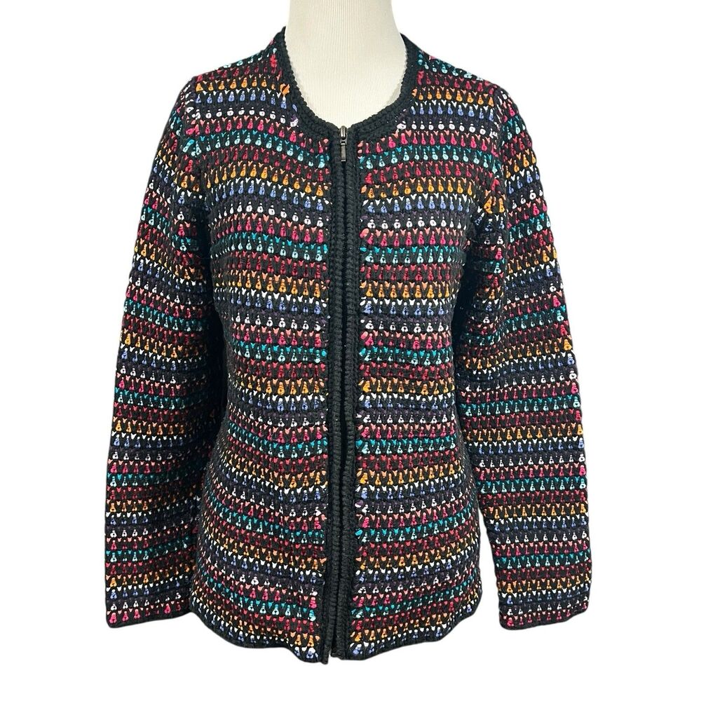 Coldwater Creek Womens L 14/16 Rainbow Crochet Knit Zip Cardigan Sweater Fun